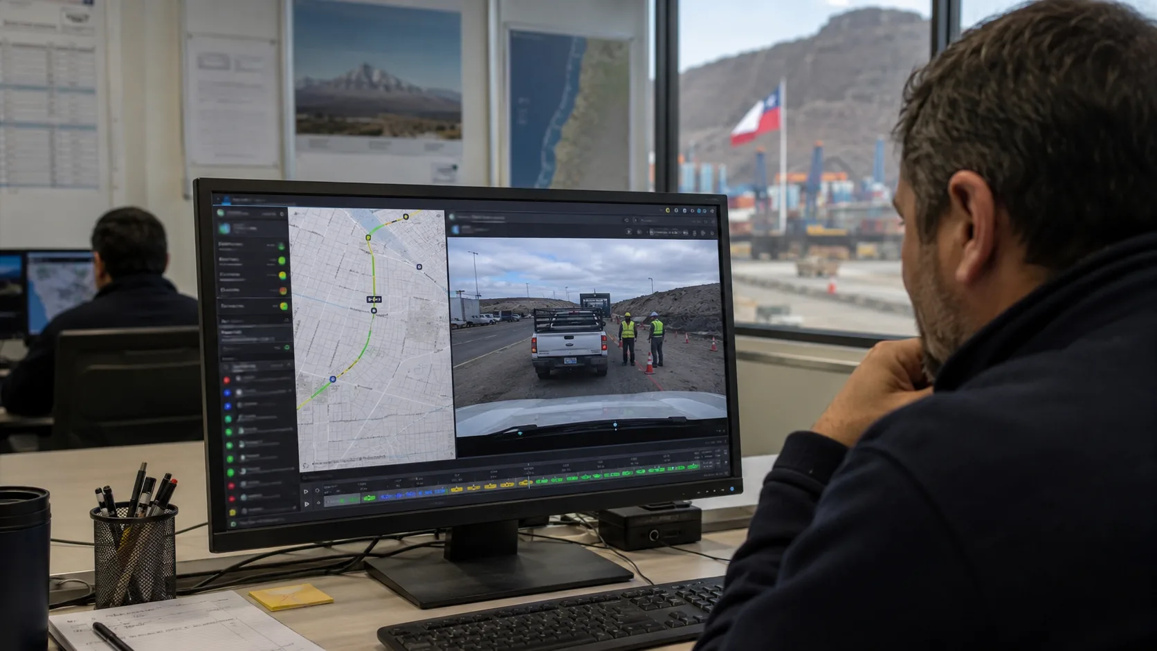 Imagen ilustrativa de un equipo revisando en una central la ruta GPS y el registro de una cámara vehicular