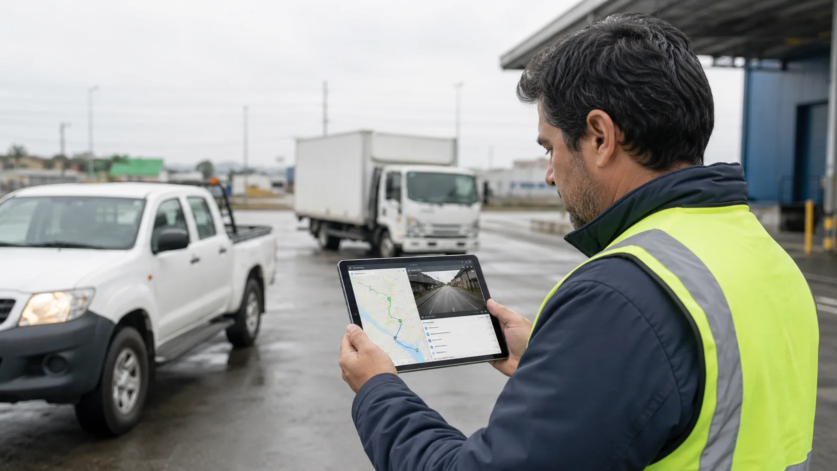 Imagen ilustrativa de un encargado de flota revisando información de GPS y cámaras junto a vehículos de una empresa
