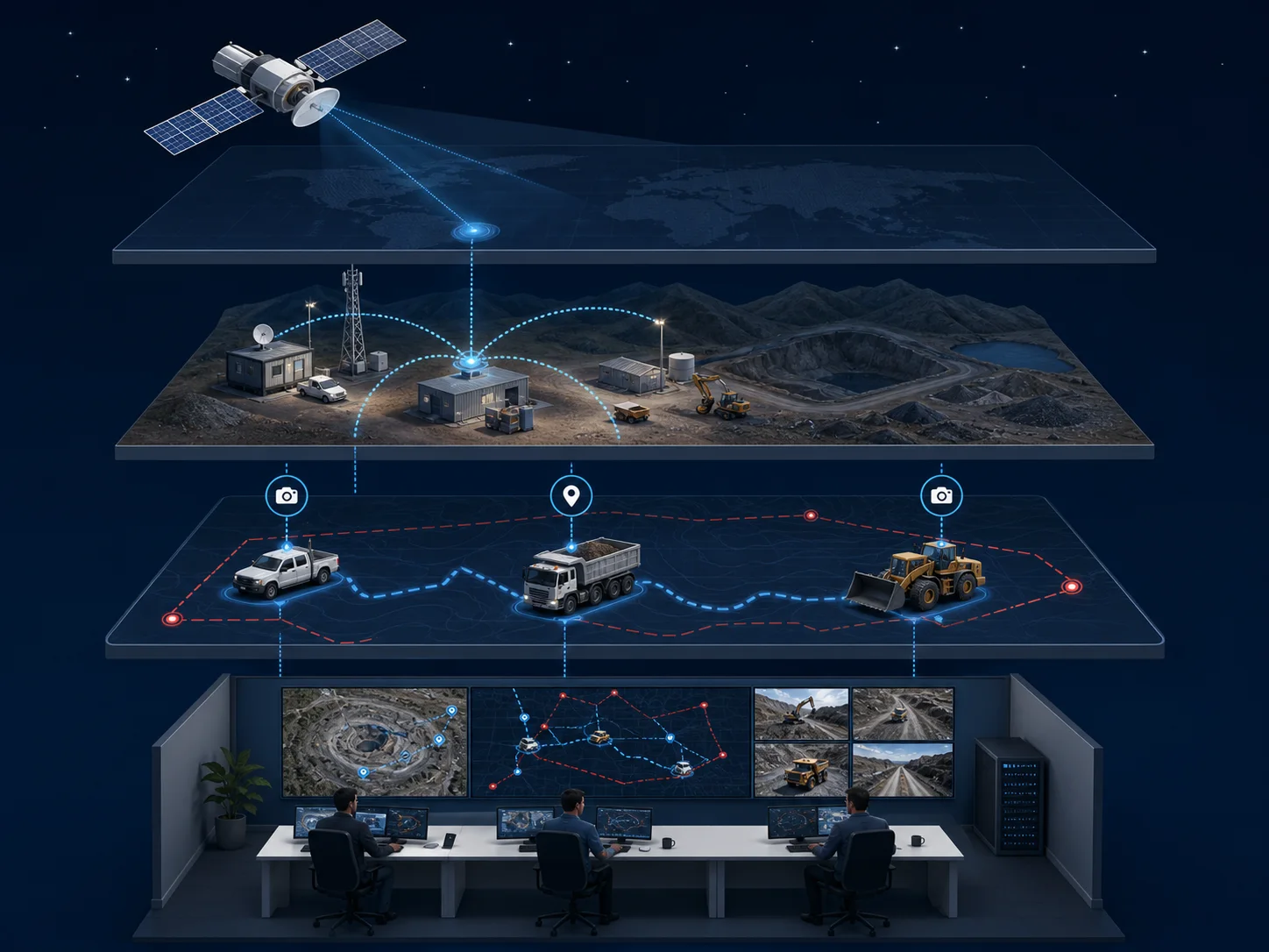 Ilustración de la relación entre conectividad satelital, GPS, cámaras vehiculares y una central de operaciones