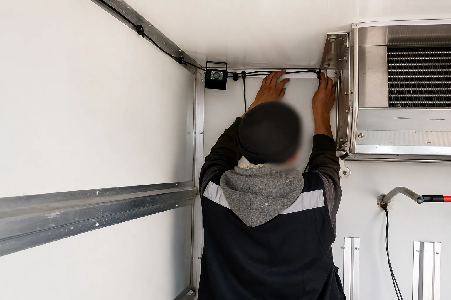 Técnico instalando una cámara en el interior de un furgón refrigerado.