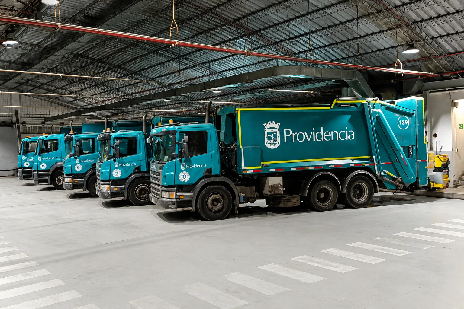 Flota de camiones de recolección municipal alineada en una nave interior.