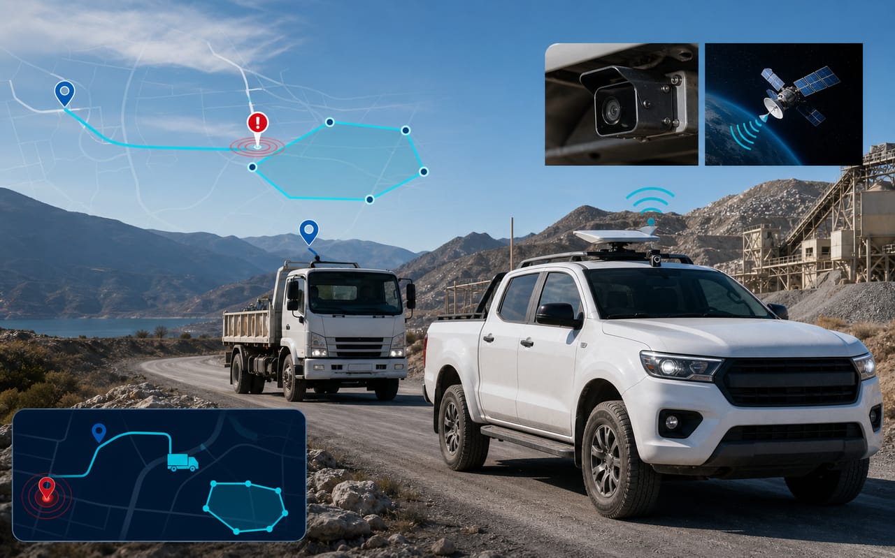 Ilustracion no testimonial de vehículos en terreno con rutas, alertas GPS y conectividad